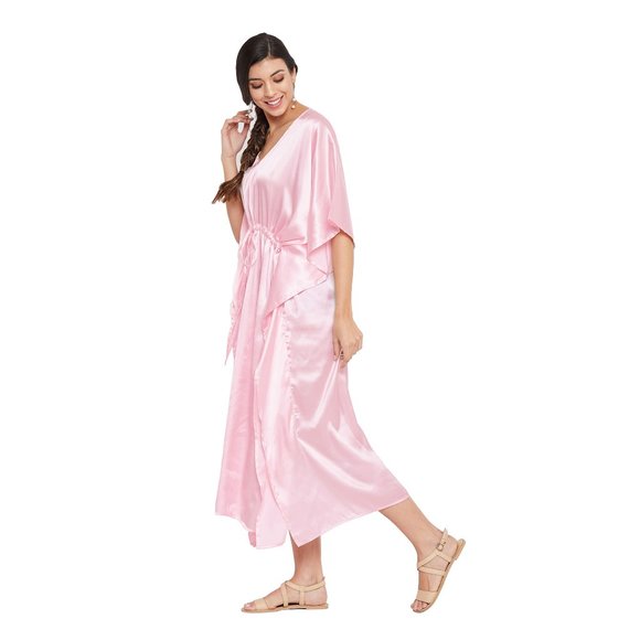 Womens Full Length Caftan Dress Silky Satin Long Maxi with Drawstring Nighty - Picture 3 of 7